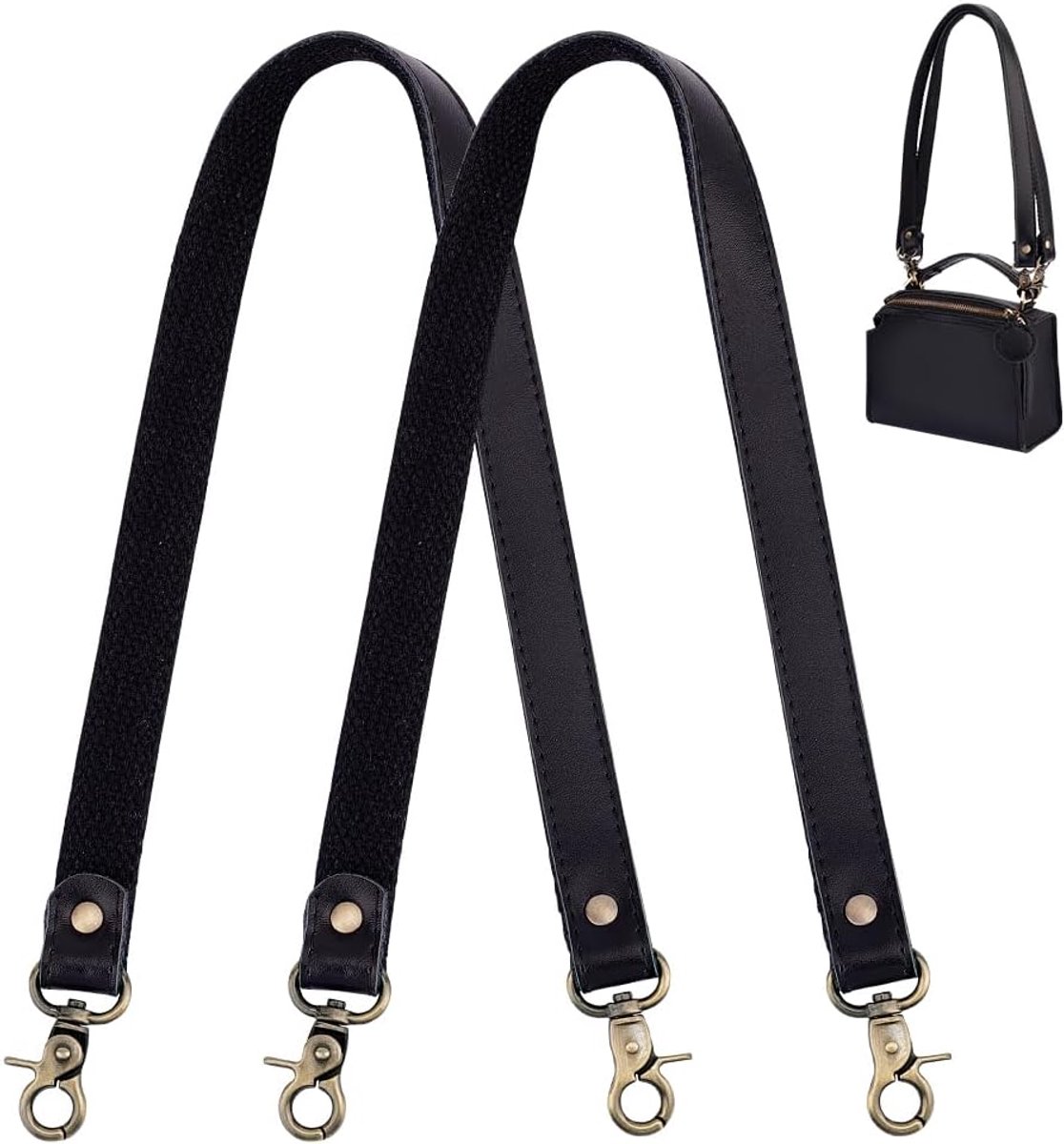 1 Paar 58 cm Zwart Lederen Vervanging Handgrepen Portemonnees Riemen Handtassen Schoudertas Riem met Antiek Brons Swivel Kreeft Gespen