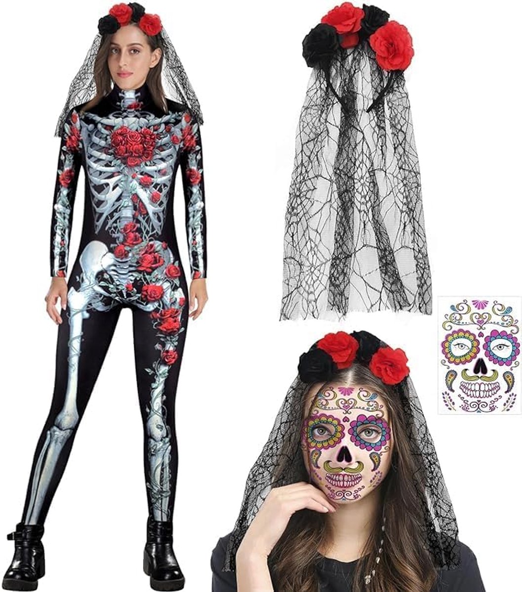 Skull skeletkostuum, roos bloem skelet jumpsuit, sexy griezelig skelet body dames, Dia de Los Muertos tattoo, Halloween Dag van de doden haarband en sluier, voor Halloween, kostuumfeest,