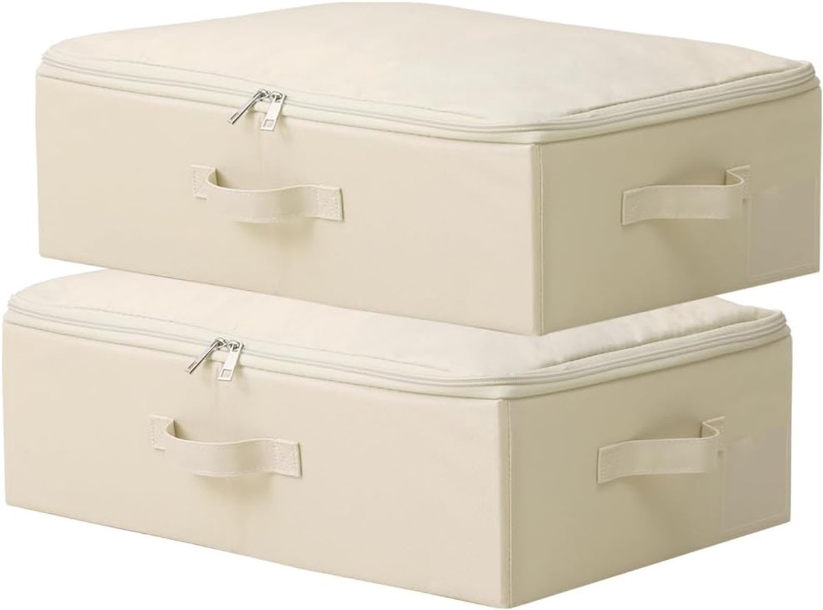 Set van 2 opvouwbare opbergmanden met ritssluiting, wasbaar en stapelbaar, smalle opbergdozen voor woonkamer, kast, plankorganizer, beige