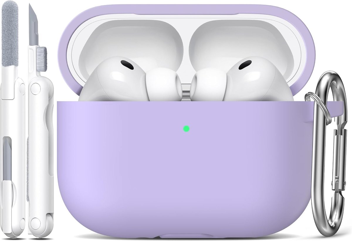 R-fun voor AirPods Pro 3 hoesje (2025), zachte siliconen beschermhoes compatibel met Apple AirPods Pro 3e generatie Generatie voor vrouwen en mannen met reinigingsset en sleutelhanger, banaanviolet