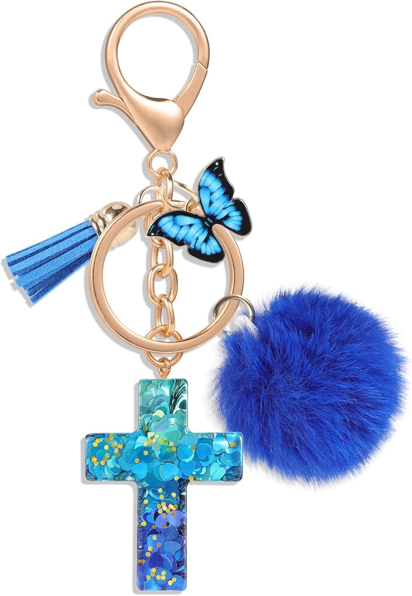 Kruis Sleutelhangers Christelijke Bijbel Sleutelhangers Rugzak Handtas Charms voor Vrouwen Meisjes, Vlinder Pluche Hanger Sleutelhangers, Blauw, Blauw, M