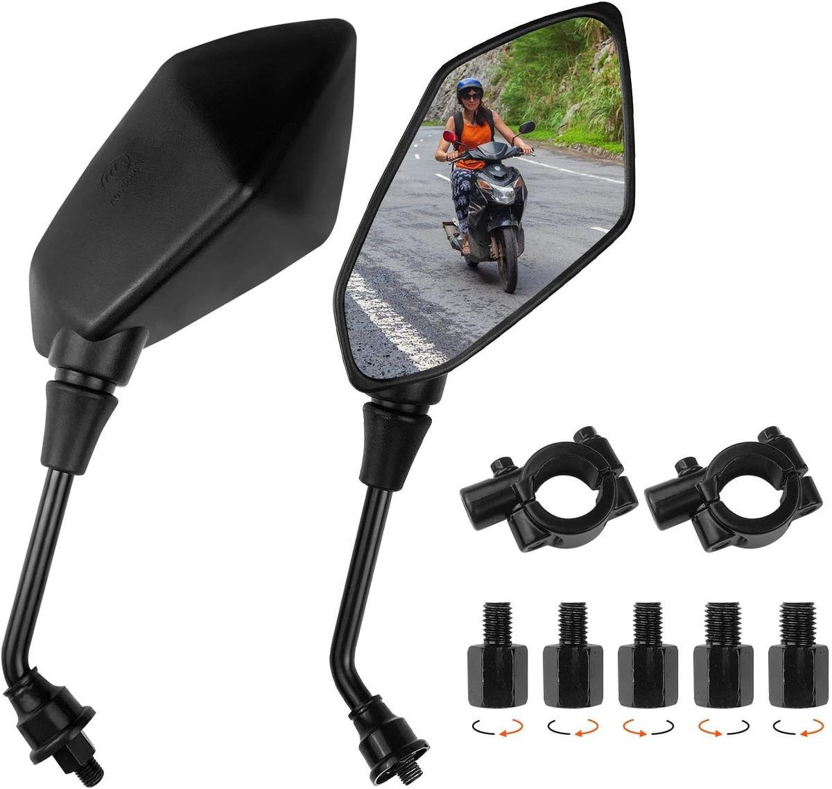 Motorspiegelset M8 M10, draaibare achteruitkijkspiegel met rechtse schroefdraad en linkse schroefdraad, motorspiegel, stuureindspiegel, compatibel met scooter, e-bike, ATV