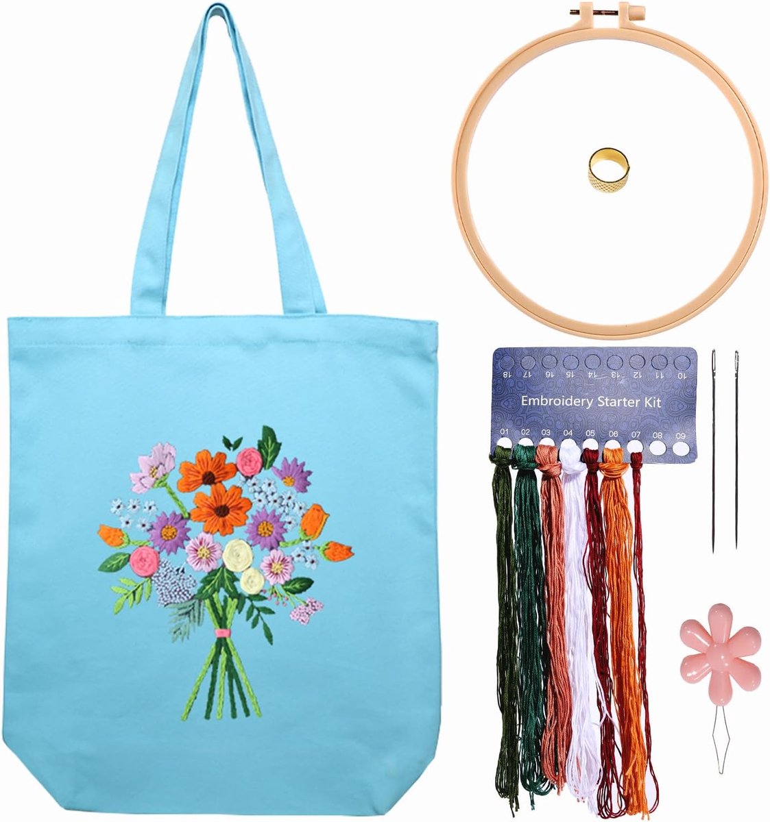 Canvas Tote Bag Borduurpakket met patroon voor beginners, kunst en doe-het-zelf borduurpakketten voor volwassenen, inclusief instructies, borduurringen, kleurdraden en gereedschap