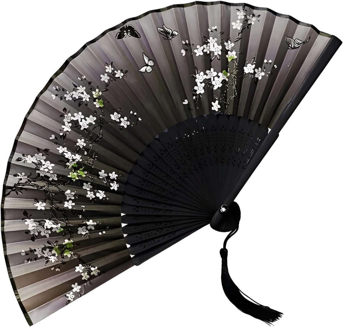 Zwart met bloemenpatroon, vouwwaaier van bamboe en zijde, zakwaaier, vouwwaaier voor bruiloft, feest en zomerse hitte, elegant en draagbaar, met kwast