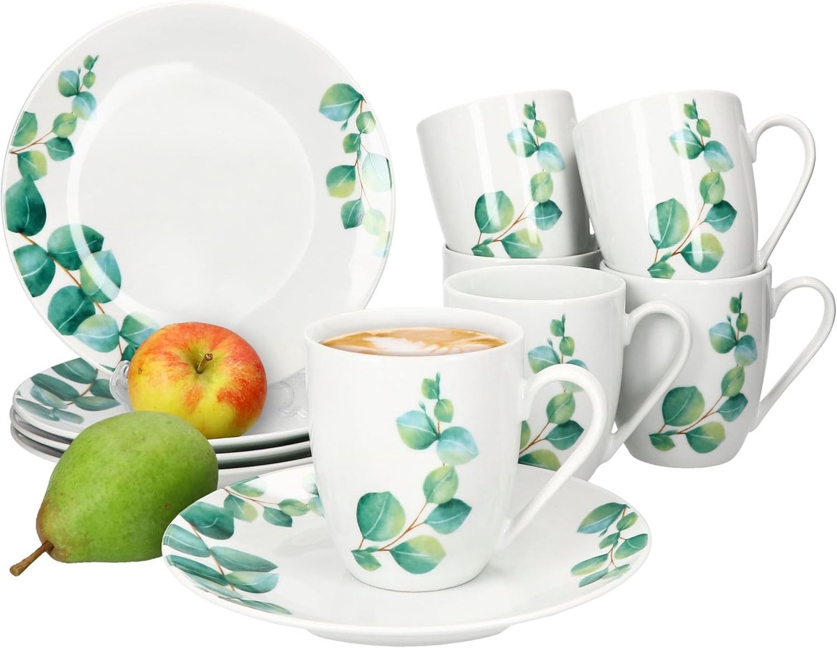 Eucalyptus Ontbijtset, 12-delig, 6 x kleine borden en koffiekopjes 340 ml, voor 6 personen, groene plantendecoratie, porseleinen servies voor ontbijt- en koffietijd