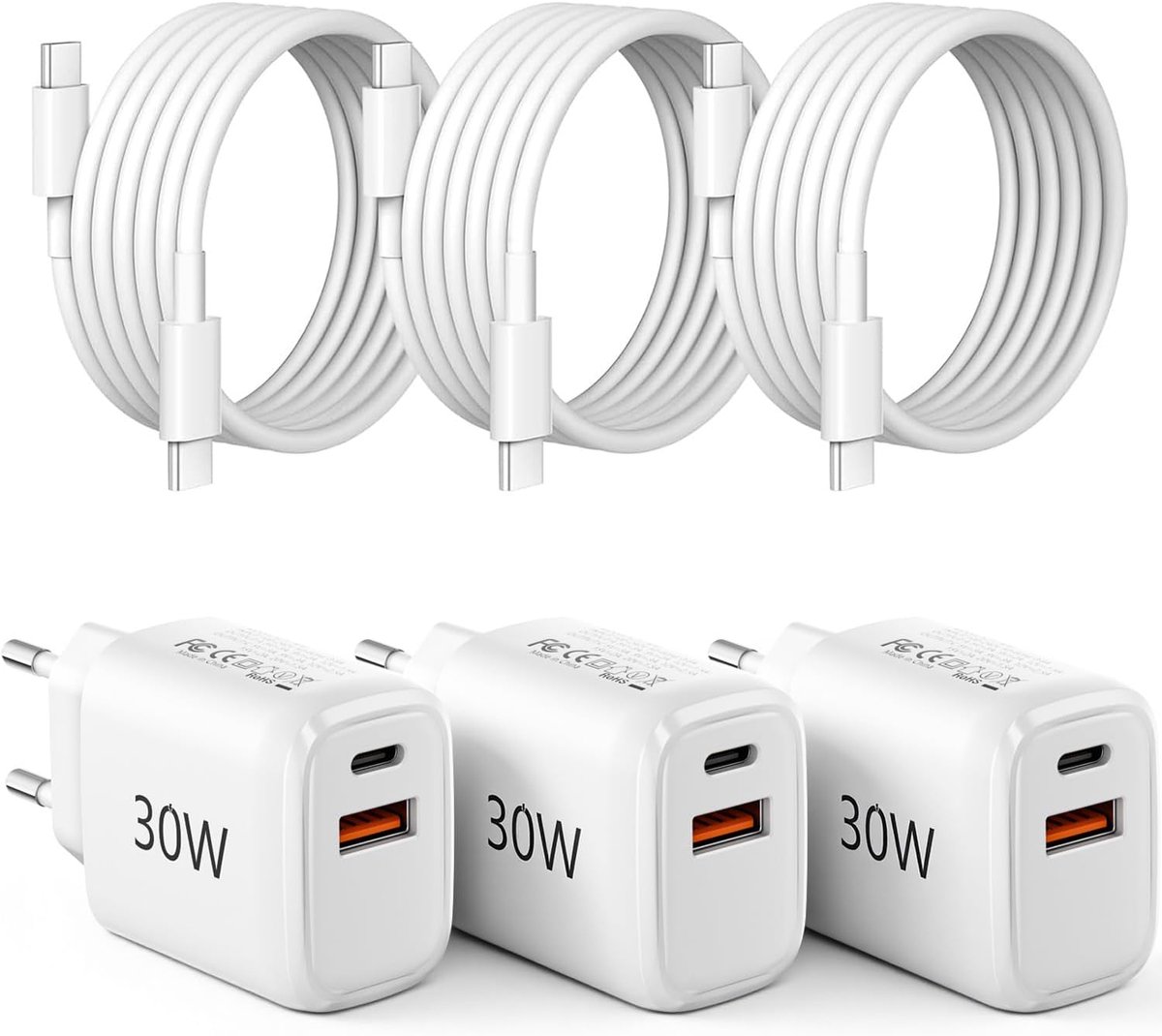 30 W USB C-oplader, oplaadkabel, 3 stuks, 2-poorts PD snellader met 2 m kabel, USB C-stekker, voeding, snellader, compatibel met i-Phone 17, 16, 15, 14, 13, Samsung S25S24/S23/S22, iPad Pro/Air