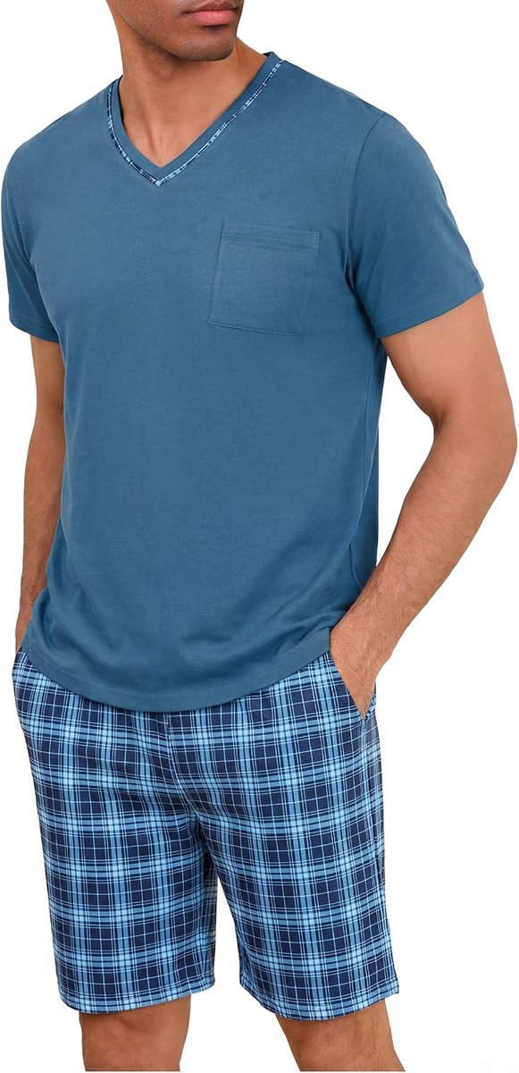 Korte pyjama heren V-hals korte pyjama katoen zomer shorty pyjama korte mouwen T-shirt met geruite pyjamabroek