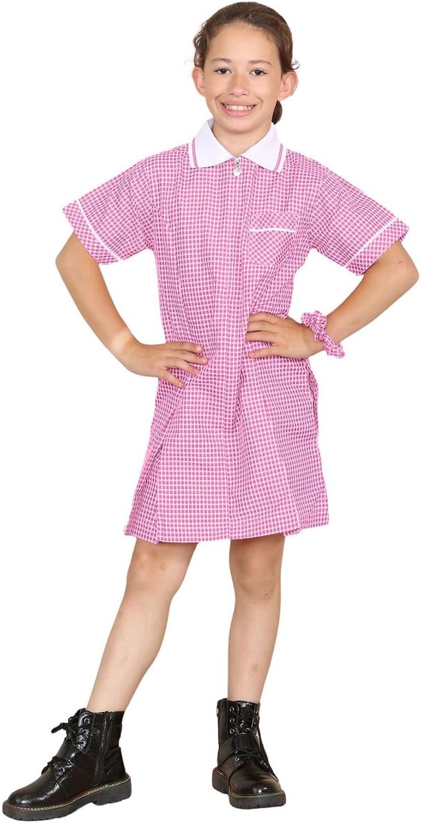 Schooljurk voor meisjes, korte mouwen, geplooid, schooluniform, meisjes, kinderen, geruite print, rits, gingham, zomerjurk met zakken en haarpompon (scrunchie), leeftijd 3-20