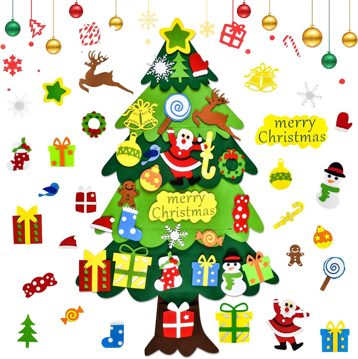 Kerstboom voor kinderen, doe-het-zelf vilten kerstboomset, 3.2ft vilten kerstboom voor peuters met 27 stuks afneembare ornamenten en 5M LED-verlichting, wandhangende vilten kerstboom decoraties