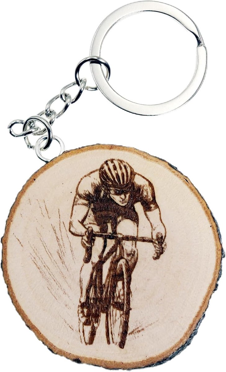 Sleutelhanger van natuurlijk hout met fietsers, sportieve racefietsers, Lauroceraso-hout, Eén maat