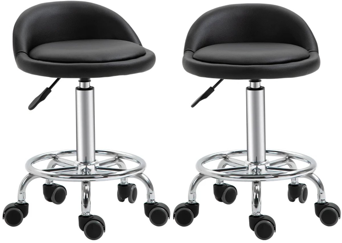 Set van 2 Rolkruk met Rugleuning - Zadelkruk op Wielen - Kapperskruk - Tabouret - 360° Draaibaar - In Hoogte Verstelbaar - Salonstoel - Kruk Stoel - Werkkruk - voor Kantoor, Salon, Massage, Spa - Zwart