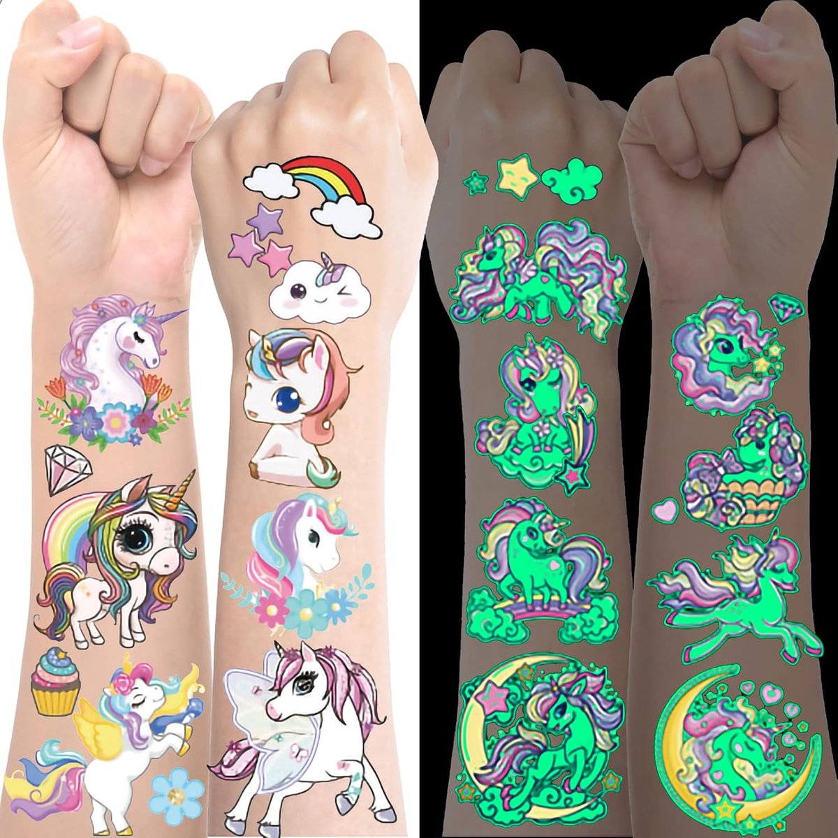 Tattoo voor meisjes, glitter, 150+ huidvriendelijke lichtgevende kindertattoos, kleine cadeaus voor meisjes, eenhoornkostuum, feestdecoratie, cadeautje voor kinderverjaardag
