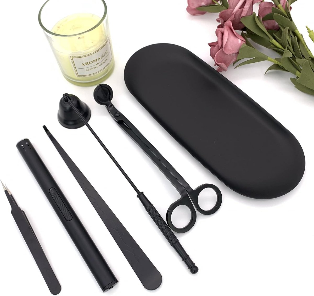 Accessoire Set, Kaars Wick Trimmer, Kaars Wick Snuffer, Kaars Wick Dipper, Opberglade Plaat, Geweldig voor Elegante Geschenken voor Kaars & Aromatherapie Liefhebbers - Zwart
