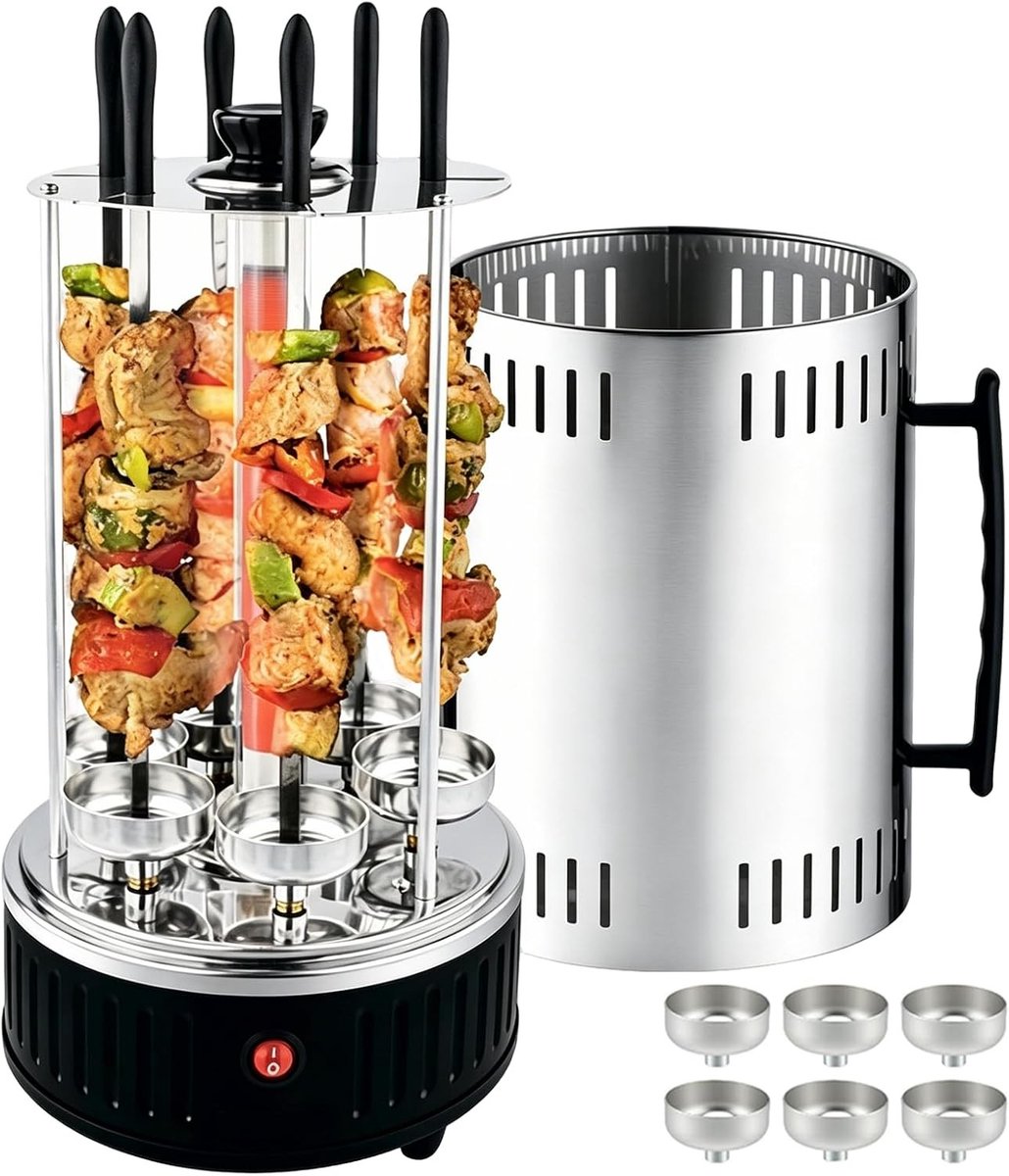 Verticale elektrische grill - Zwart/Roestvrij staal - 20 x 37,5 cm - Rookvrije BBQ-tafelgrill met 6 spiesen - Voor Thuis en Feestjes
