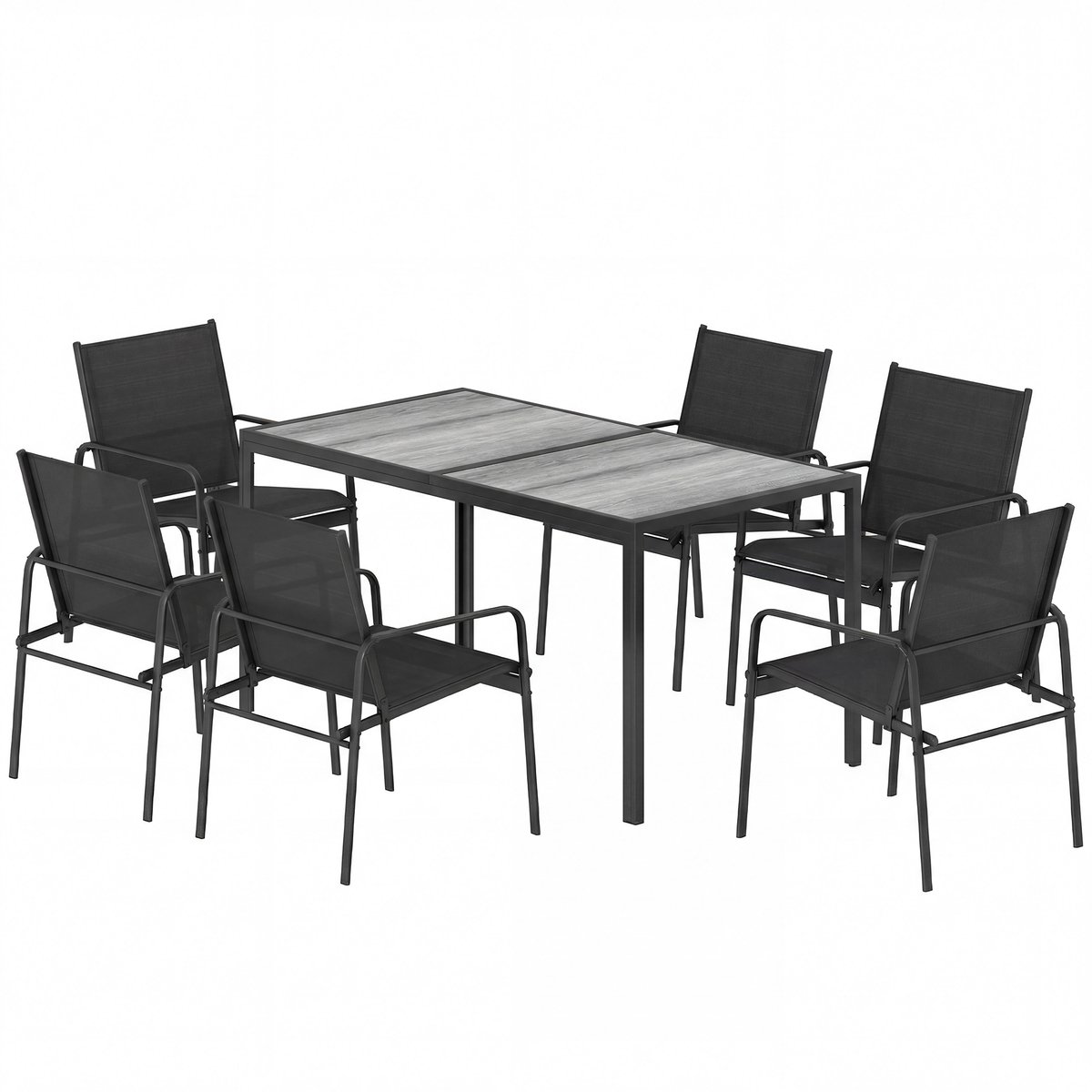 7-delige tuinset, tuinmeubelset met 1 eettafel, 6 stapelbare stoelen, zitgroep voor terras, mesh, Terrastafel en -stoelen met houtnerf-look, Frame van verzinkt staal, donkergrijs