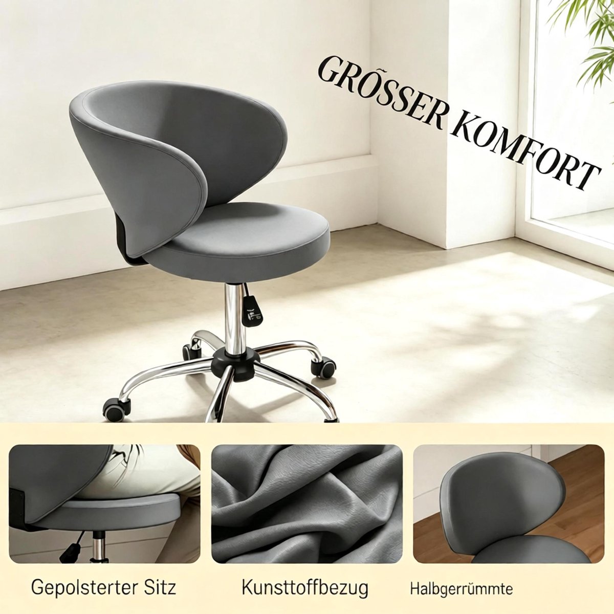 COVREO Bureaukruk 45x54x73-88 cm grijs PU, 360° draaibaar met wielen