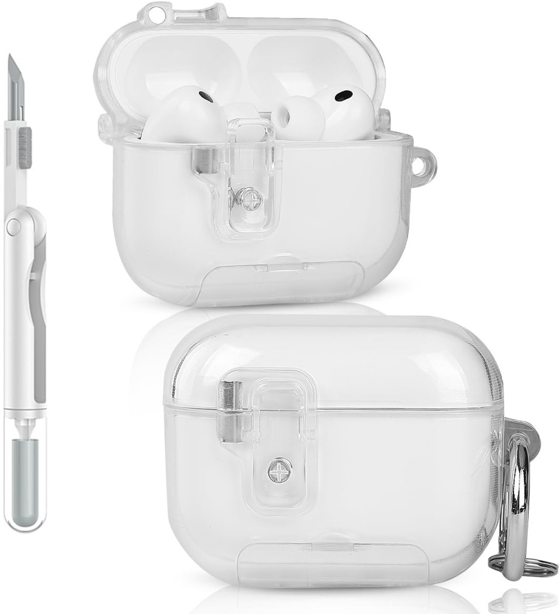 SolidKeus - Beschermhoes voor AirPods Pro 3 met Schoonmaakset en Sleutelhanger (Transparant Wit)