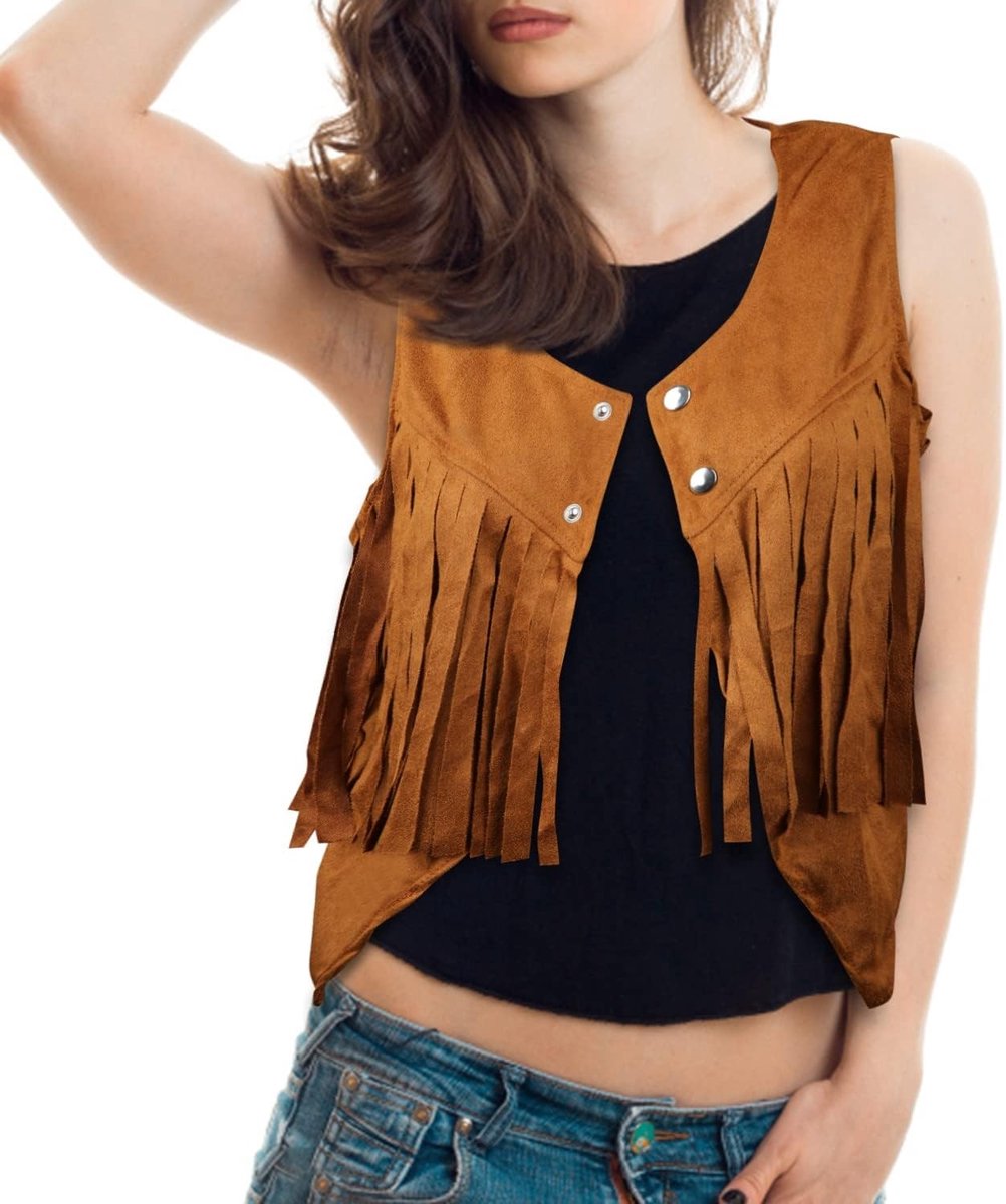 Cropped Vest met Franje en Mouwenloze Ontwerp - Bruin Hippie Kostuum in 70s Stijl voor Dames, Perfect voor Festivals en Feestjes