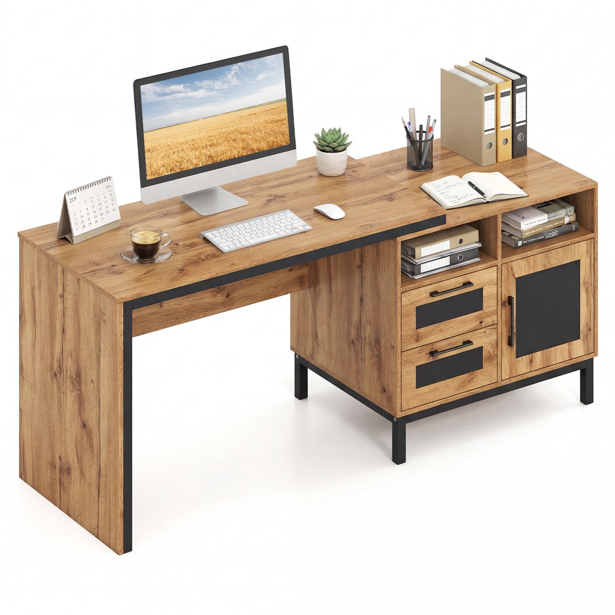 COSTWAY Bureau met 2 open vakken, Computer tafel Hout, 2 laden & EEN kast met één deur, ruimtebesparend kantoor bureau met praktische handgrepen voor thuis & kantoor, 181 x 60 x 76 cm