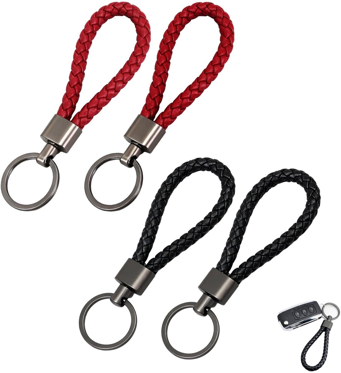 SolidKeus - Set van 4 Gevlochten Leren Sleutelhangers met Karabijnhaak