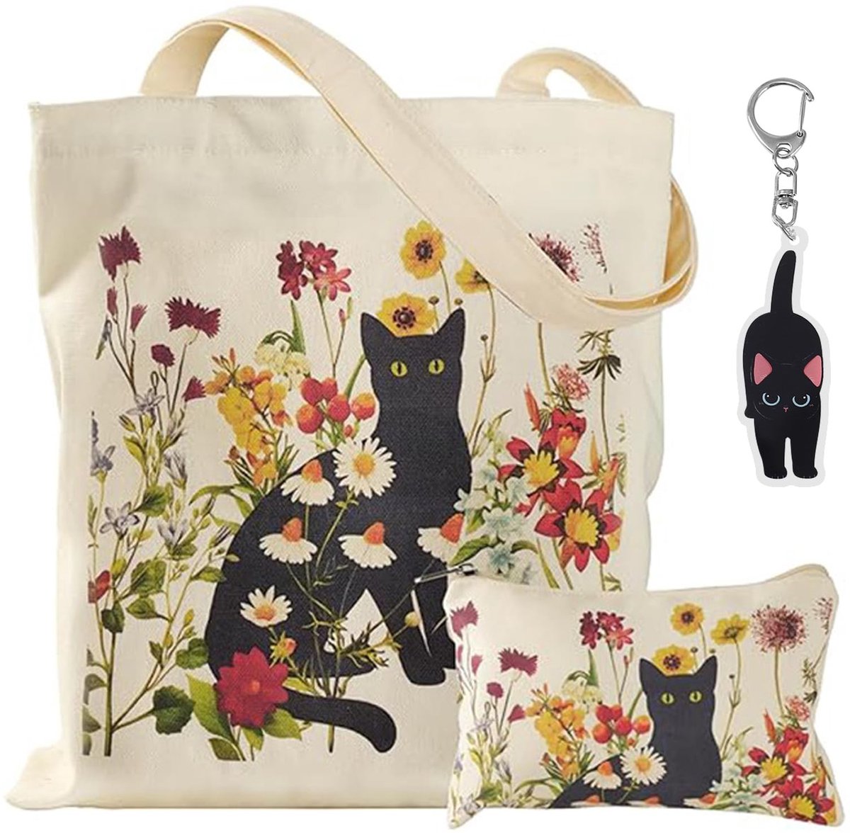 SolidKeus - Schattige Canvas Tote Bag met Kat Motief en Sleutelhanger