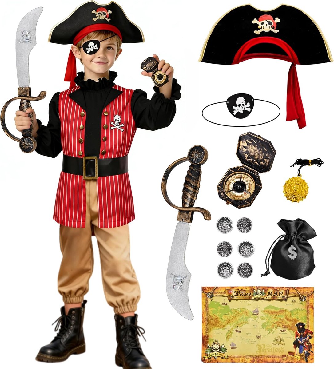 Piratenkostuum voor kinderen met hoed, onderarmen, kompas, muntzak, piratenaccessoires, piratenkostuum voor kinderen, voor carnaval, Halloween, piratenfeest, verjaardag