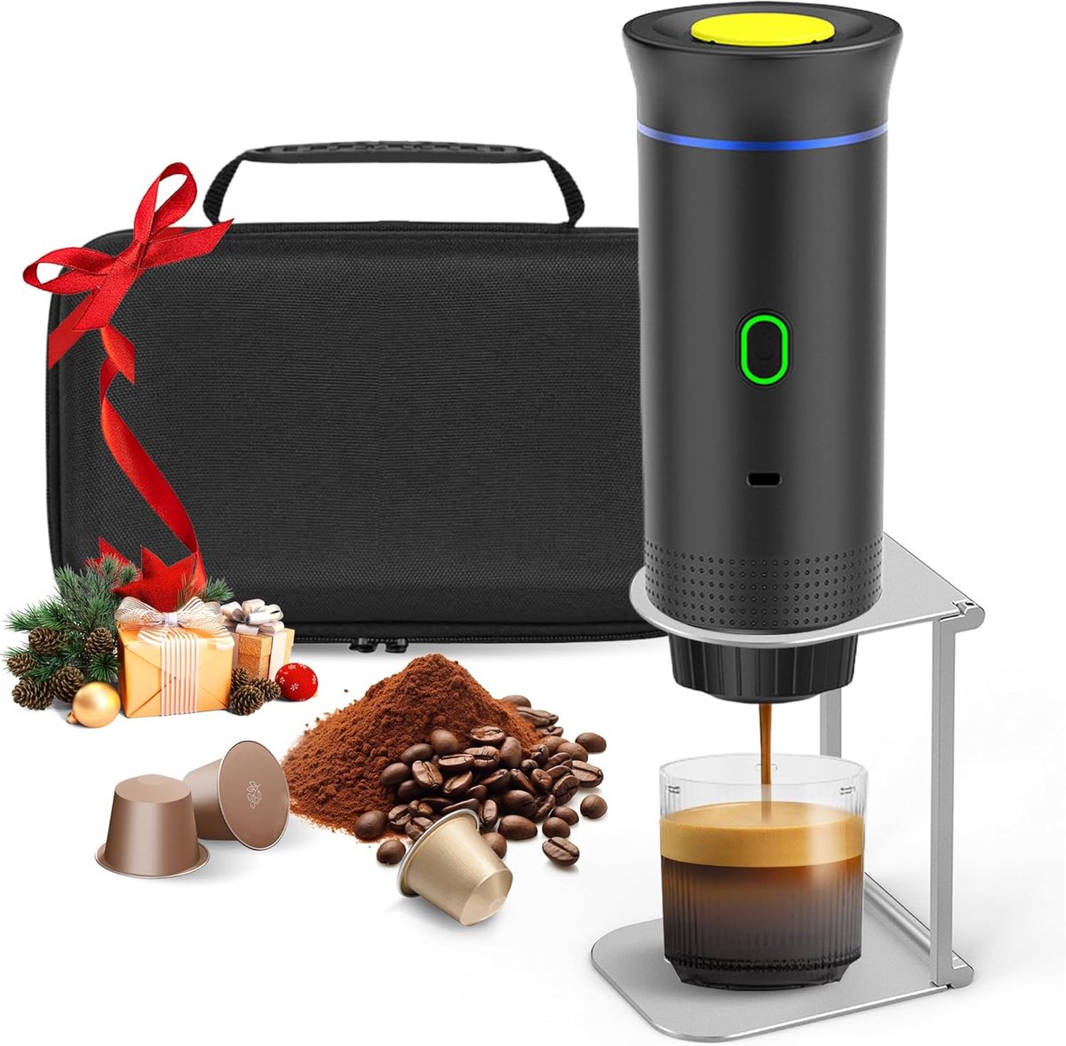 Koffiezetapparaat, 3-in-1, espressoapparaat met standaard en tas, oplaadbare batterij 7500 mAh, compatibel met capsules en gemalen koffie, voor reizen, camping, auto, kantoor (zwart)