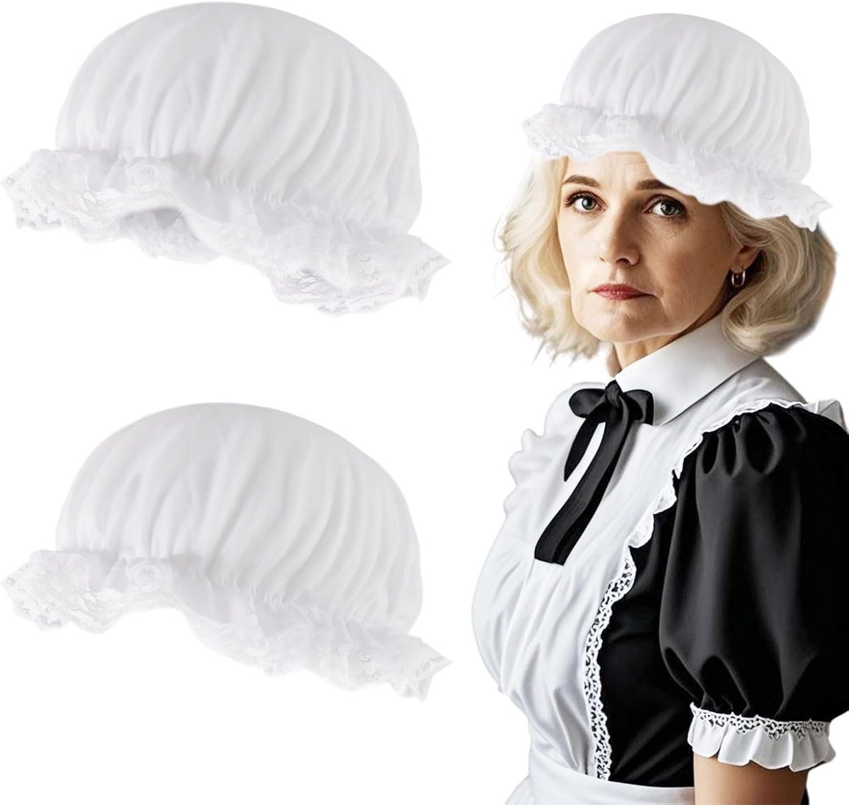 2 delige Victoriaanse Vrouwen Meisjes Mop Hoed met Kant, Victoriaans Geïnspireerde Matriarch Kostuum Accessoires, Dames Dienstmeid Bonnet Middeleeuws Boeren Hoofddeksel