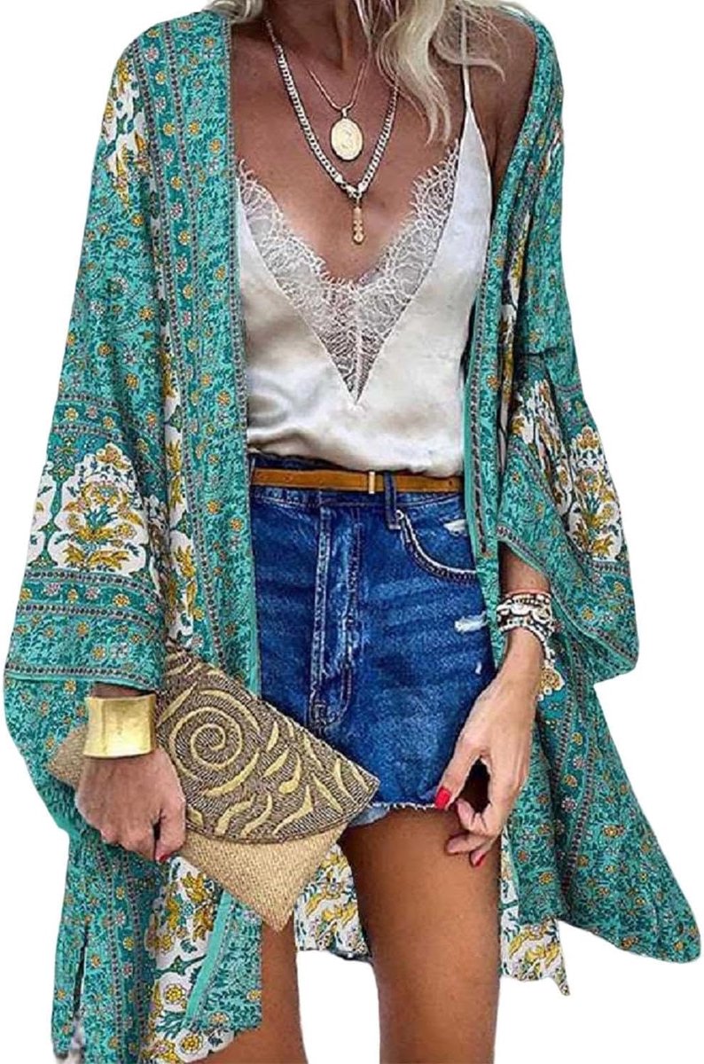 Strandtuniek dames strandjurk lange zomer pareo strandtuniek bloemenprint gebreid vest boho bikini cover up lange mouwen strandponcho strand cardigan badmode dames bloemenprint kimono gebreide jas