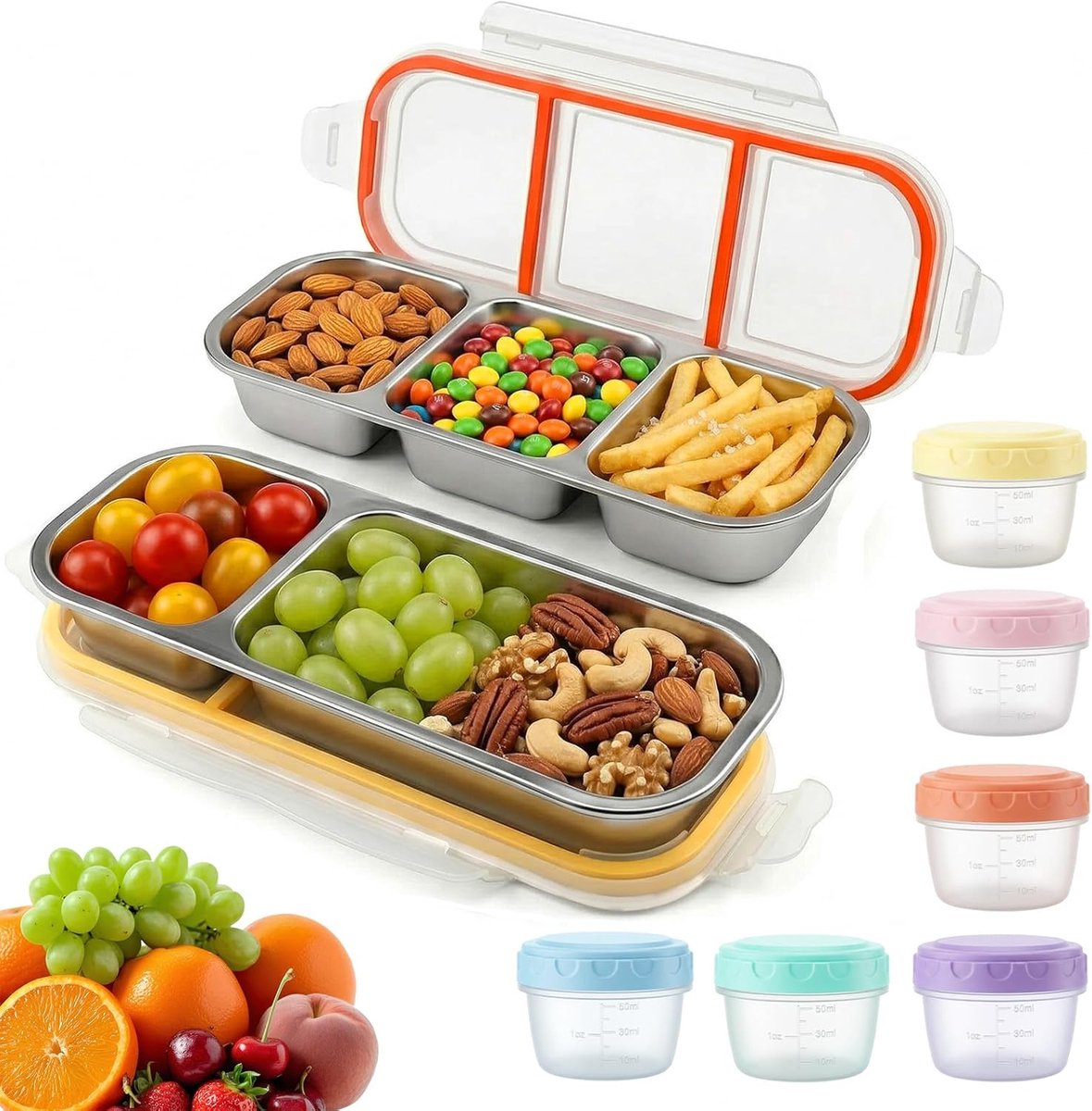 Lekvrije snackbox met vakken, roestvrij staal: 2 stuks snackbox met deksel (600ml+700ml), broodtrommel voor verse snacks, salade, fruit, kleine snackbox voor kantoor, school, camping