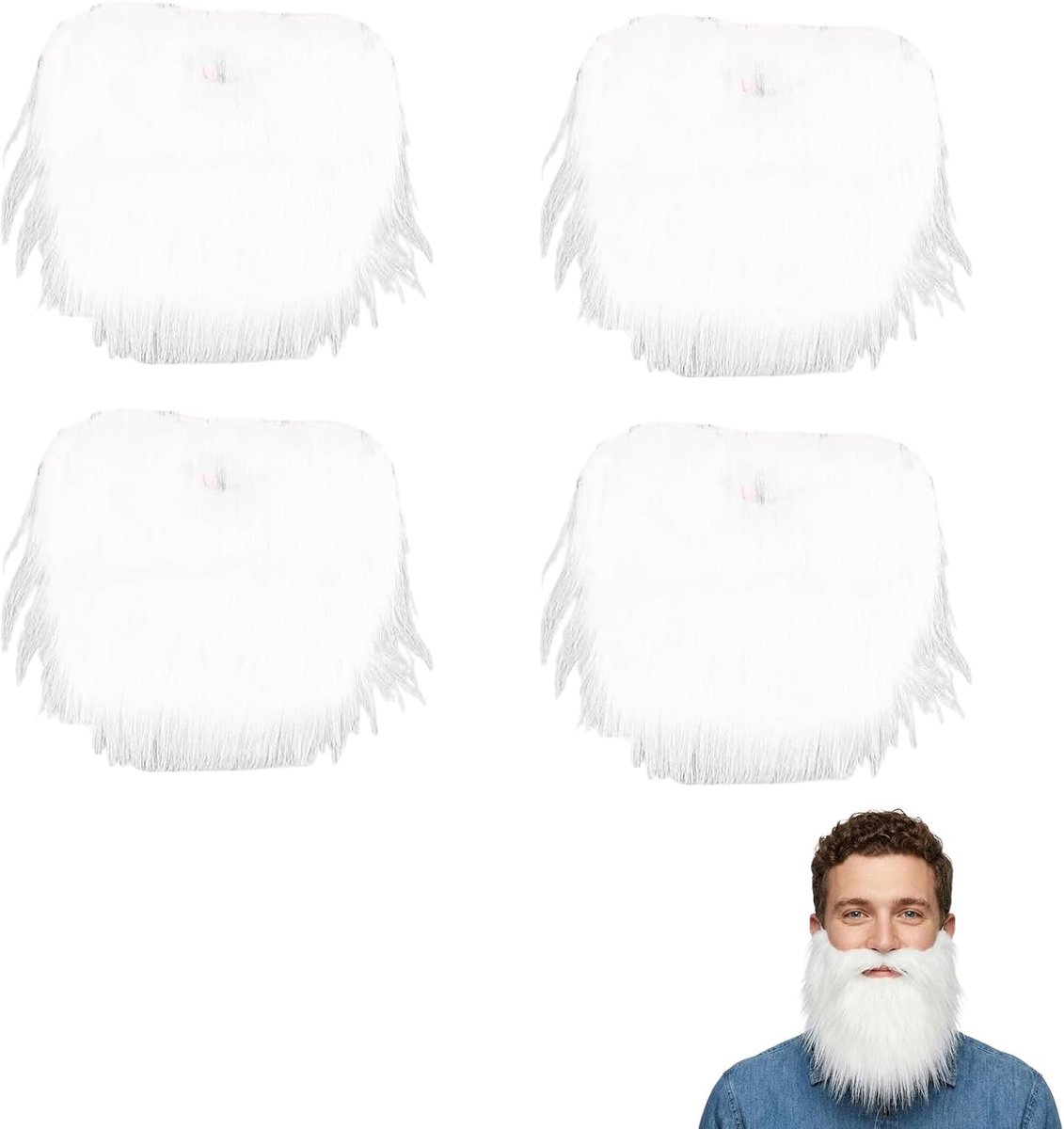 Nepbaarden 4 Paar Zelfklevend Herbruikbaar, Grote Polyester Baard voor Kerstman, Oude Man, Carnaval, Halloween, Themafeest en Theaterkostuum
