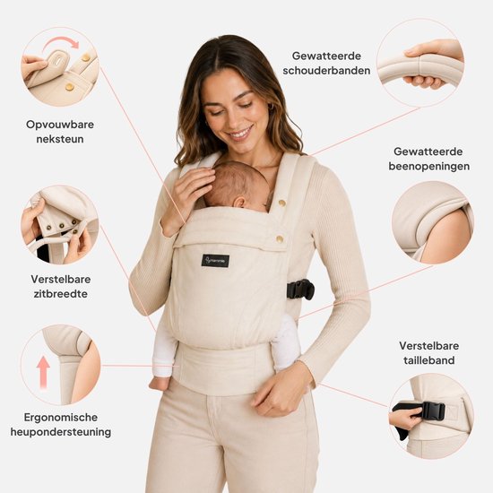 Een vrouw met baby in crèmekleurige draagzak, met aanwijzingen voor opvouwbare neksteun, verstelbare zitbreedte, ergonomische heupondersteuning, gewatteerde schouderbanden, gewatteerde beenopeningen en verstelbare tailleband.