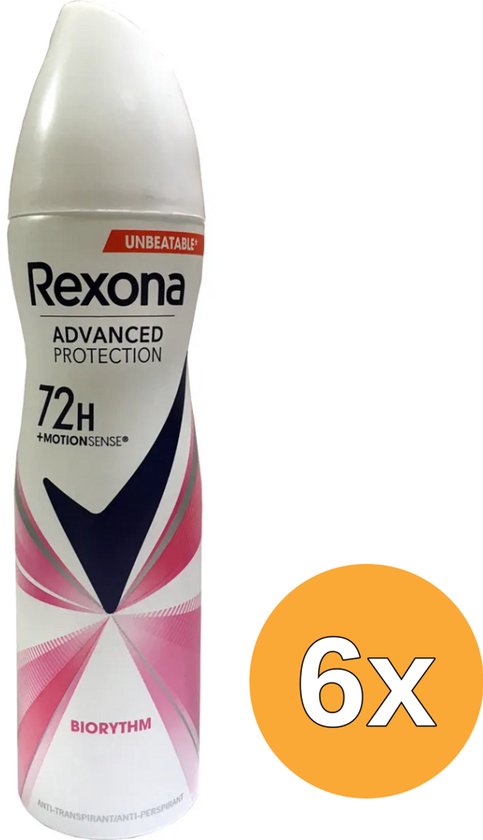 Rexona Women Advanced Protection Biorythm anti-transpirant spray met 72 uur bescherming. Verpakking van 6.
