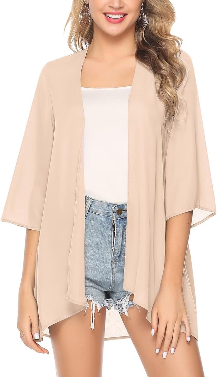 Dames chiffon kimono cardigan 3/4 mouw bikini cover up bloemen print licht strand open front jas voor zomer