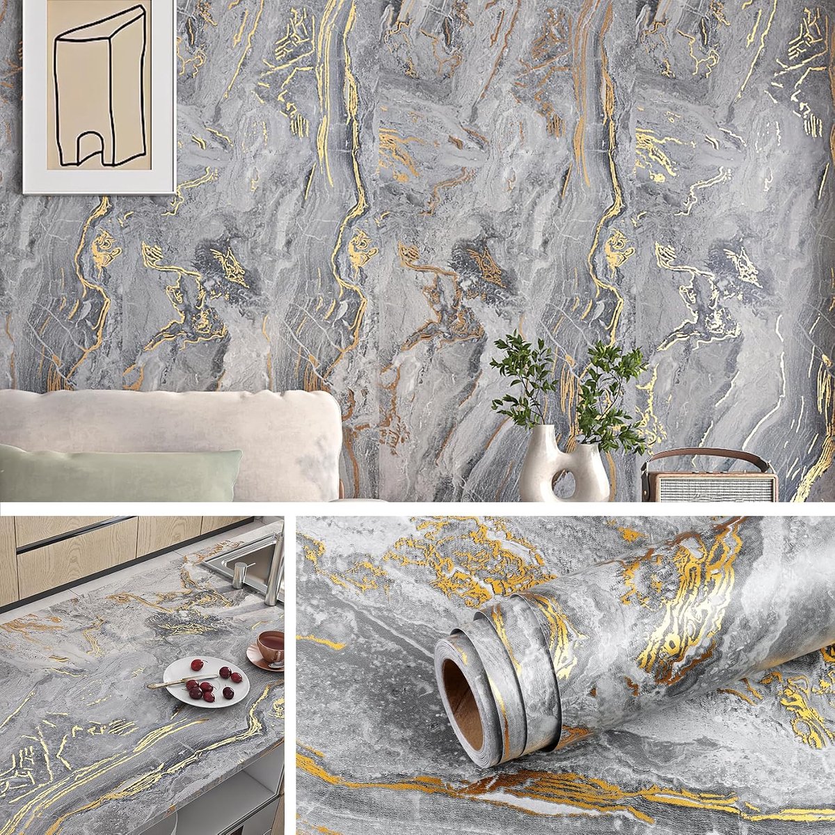Marmeren Folie Grijs Goud 40CMx10M Marmeren Behang Zelfklevend voor Muur Slaapkamer Woonkamer Waterdichte Folie Werkblad Keuken Badkamer Zelfklevend Folie Meubels Grijs Beton Optic