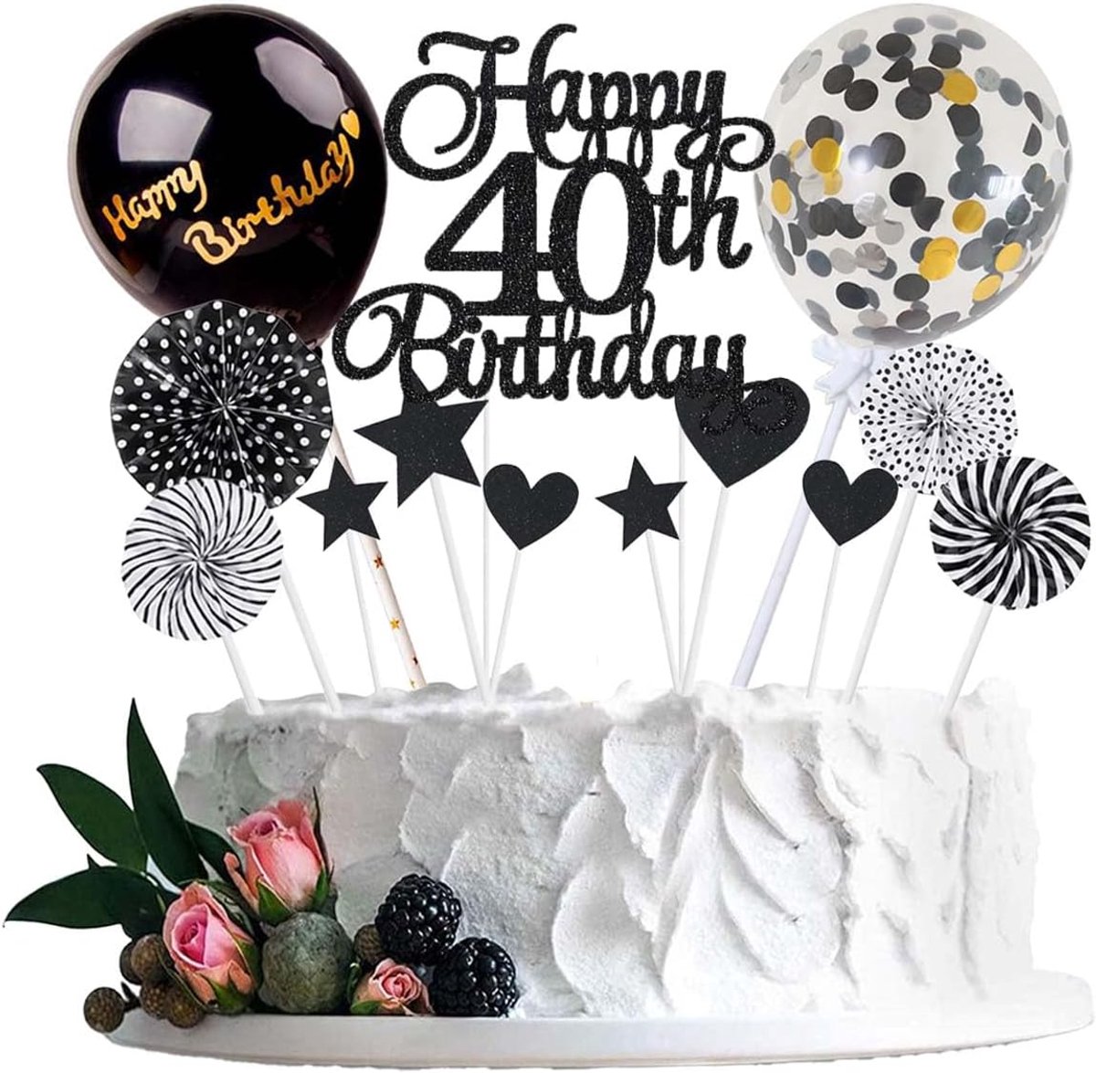 40e verjaardag zwart voor vrouwen en mannen - Happy Birthday 40 glitter taarttopper - taartdecoratie 40 jaar - Happy 40e Birthday taartdecoratie