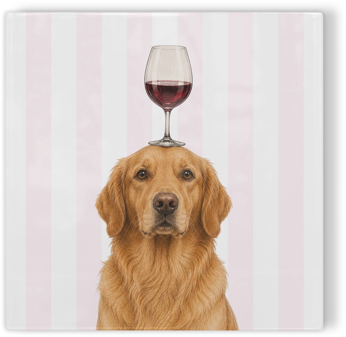 Tegeltje Golden Retriever met wijnglas - roze wit gestreept - tegeltje hond - tegeltje met illustratie