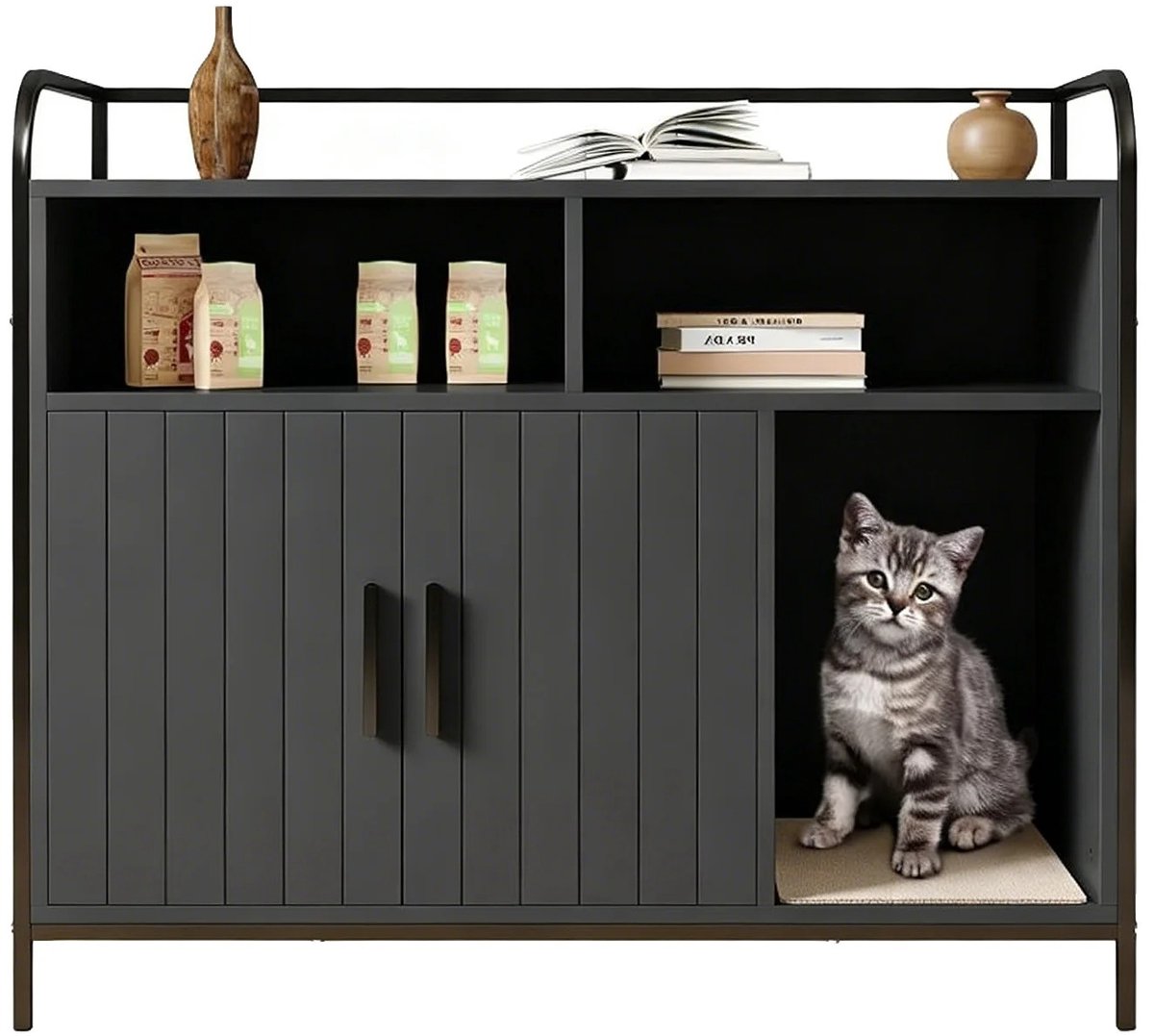 Emvae Kattenbak Kast - Kattenbak meubel - Kattenbak ombouw - Met opbergplanken - Ventilatie - 89 x 44,5 x 75 cm - MDF en Metaal - Zwart