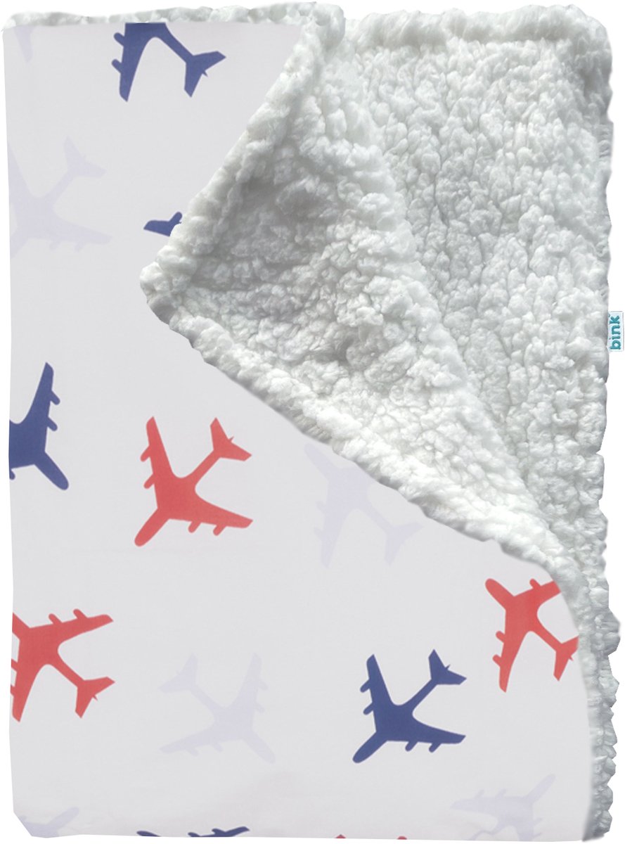 BINK Bedding Wiegdeken Planes Blauw / Sherpa offwhite 75 x 100 cm