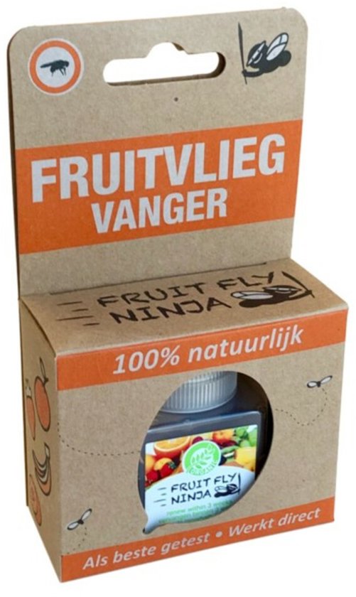 Fruitvliegvanger 'Fruit Fly Ninja' in kartonnen verpakking met afbeelding van fruit.