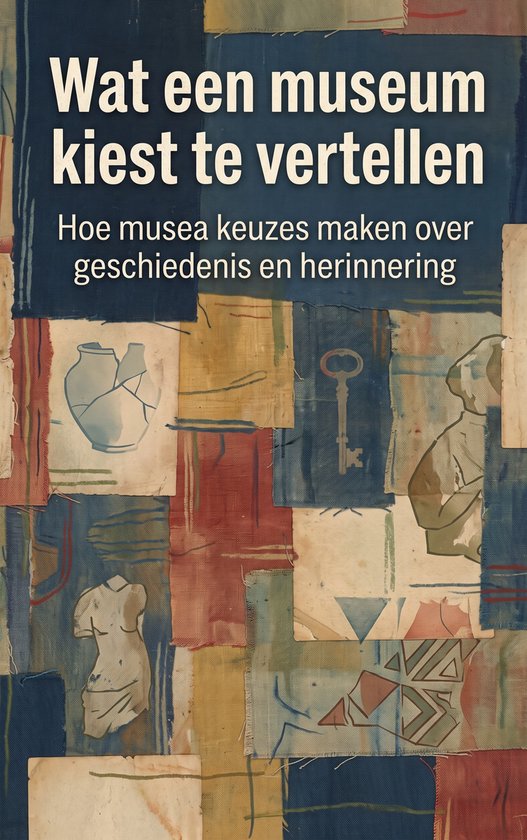 Cover met patchwork van stoffen in aardetinten, blauw en rood. Tekst: Wat een museum kiest te vertellen. Hoe musea keuzes maken over geschiedenis en herinnering.