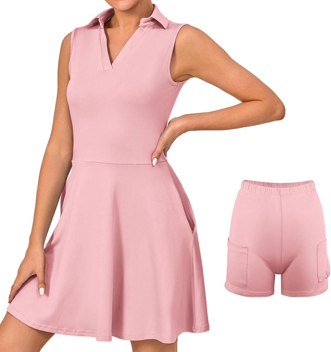 Tennisjurk voor dames, met broek, sportjurk, mouwloos, golfjurk met zakken, tennis-outfit