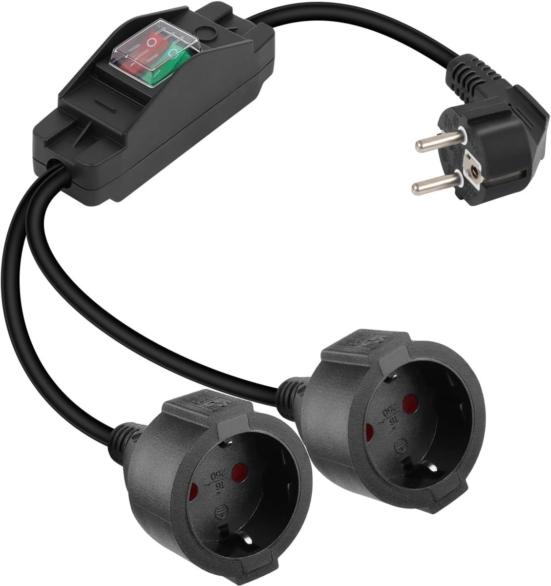 Verlengkabel met dubbel stopcontact, geaarde stroomkabel, 1 tot 2, Y-verdeler, waterdichte kabel voor binnen en buiten (90 graden, zwart, met schakelaar)