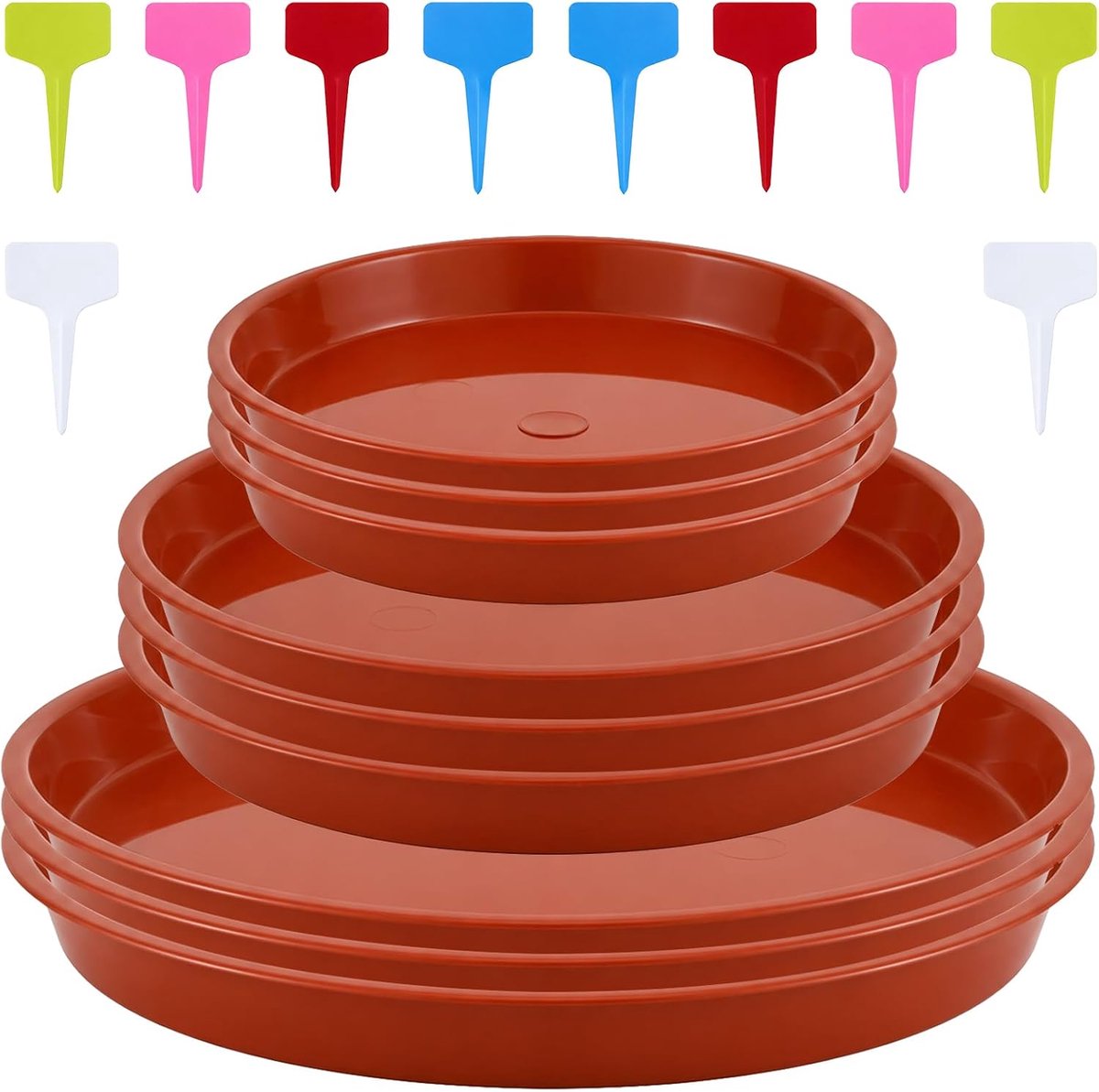 9 stuks bloempotonderzetters, 21,5 cm, 19,5 cm, 15,5 cm, plantenonderzetters, kunststof, rond, met 10 etiketten, geschikt voor tuinen, balkons