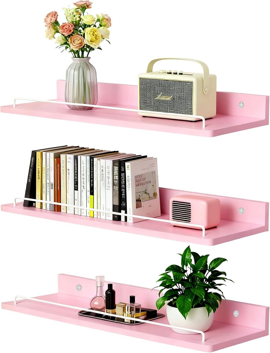 Wandplank, 3 stuks, houten wandrek voor badkamer, slaapkamer, kantoor, woonkamer, keuken, 40 x 14 cm (roze)