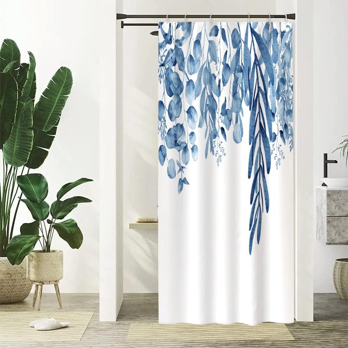 Douchegordijn, eucalyptus, blauw, smal, plantenmotief, anti-schimmel, waterafstotend, polyesterstof, wasbaar, ondoorzichtig, badgordijn met 12 haken voor badkamer, 90 x 180 cm (b x h)