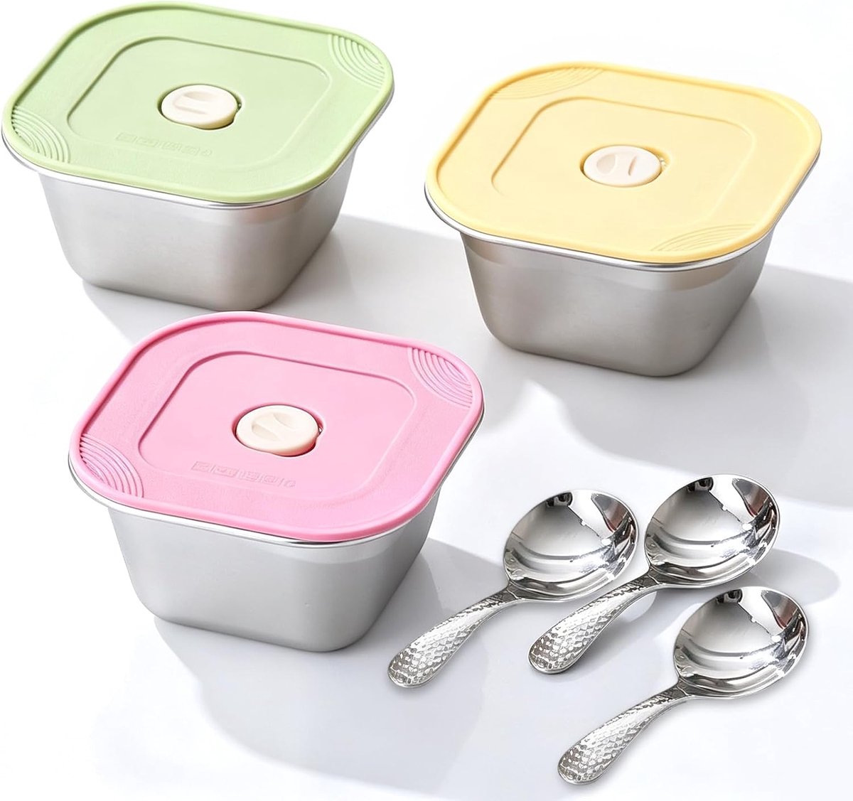 Set van 3 ijscontainers van roestvrij staal, 400 ml, ijsbekers met deksel en 3 lepels, herbruikbare vriescontainers voor ijs, frozen yoghurt, sorbet, fruit, cake, stapelbaar