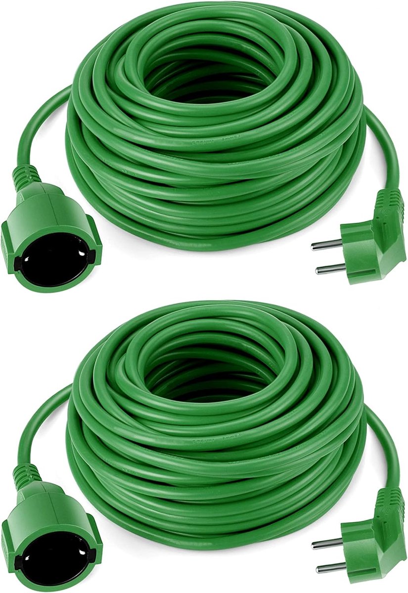 2 x verlengkabel, Schuko 20 meter, groen, stroomkabel IP44 tot 3500 watt, tuin, hoogwaardig en praktisch voor buiten