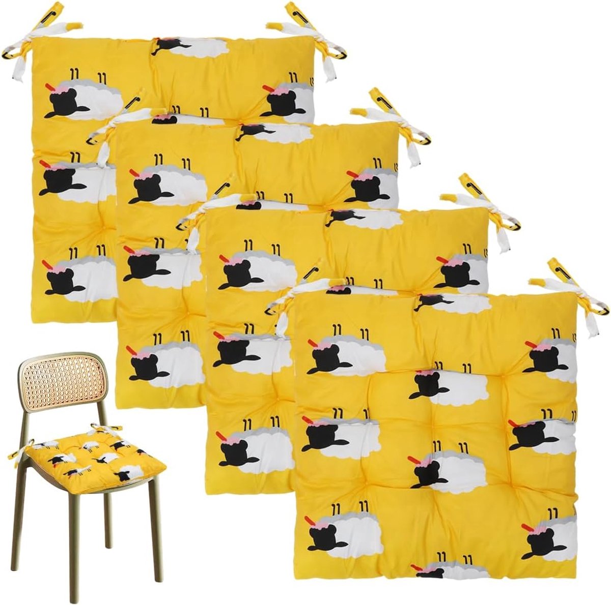 4 stuks cartoon stoelkussens, 40 x 40 cm, zitkussen met banden, kussen voor tuinstoelen, zitkussen voor binnen en buiten, stoelkussen voor eetkamer, woonkamer, studeerkamer (schaapgeel)