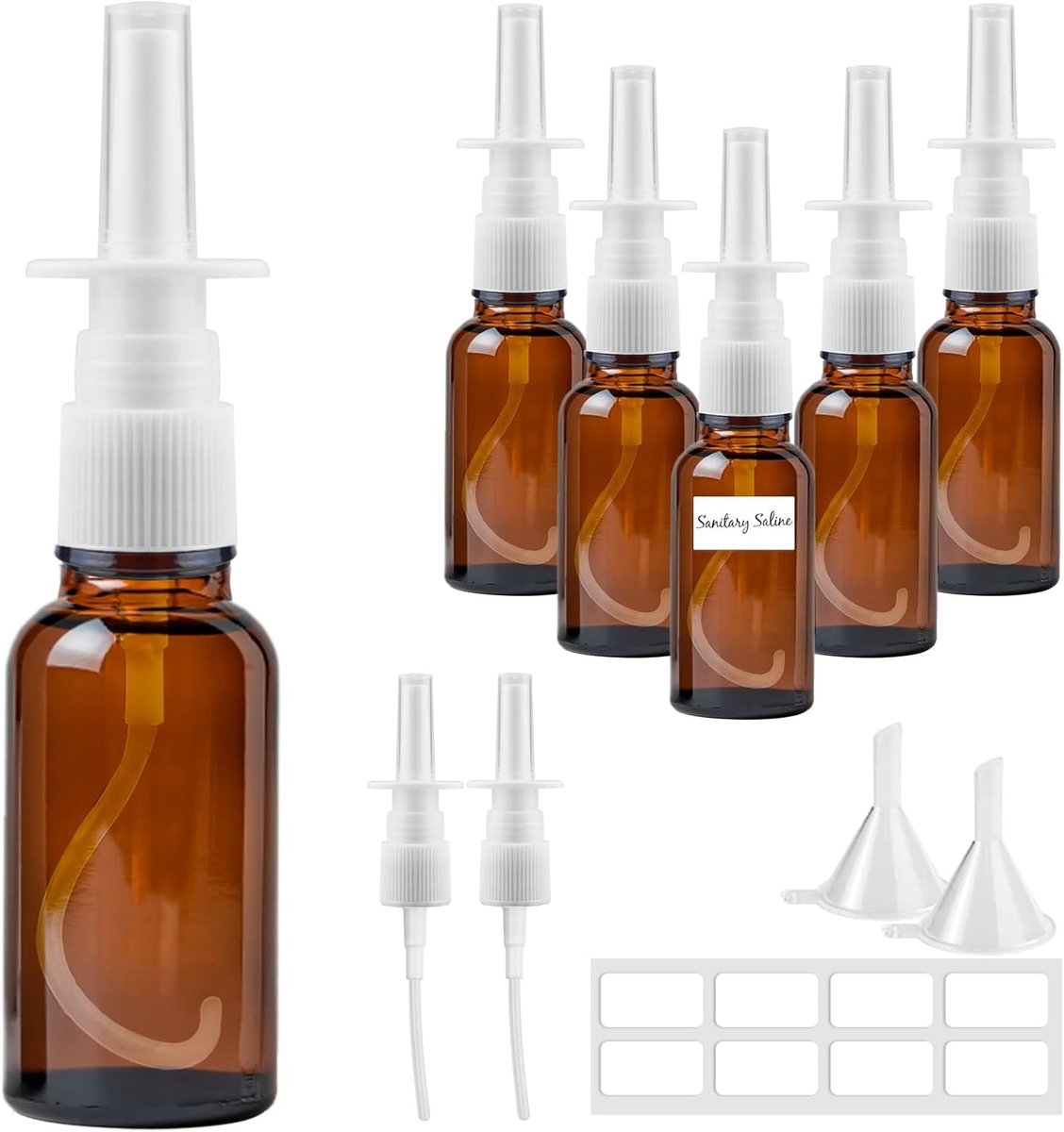 6 Stuks Neusspray Fles, 20ml Bruin Glas Lege Neusnevel, Herbruikbare Neusnevelflessen Kleine Flessen met 8 Blanco Etiketten voor Parfum, Etherische Oliën, Zoutoplossing